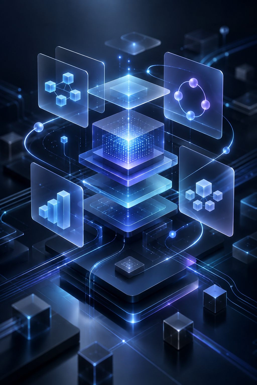 Layered data and AI services rendered as translucent panels